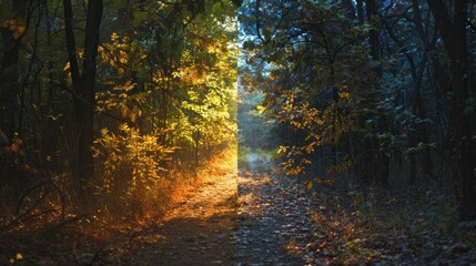 Dramatic contrast in the forest with a lone autumn tree among evergreens, a symbol of change and resilience