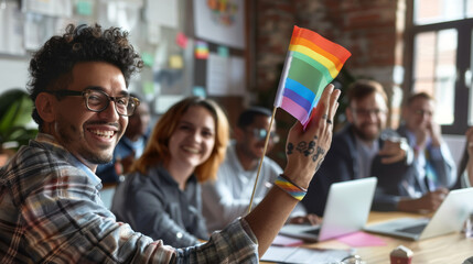 Group of business people with diverse genders (LGBT) celebrate LBGT freedom and support with LGBT flag in the meeting room at office workplace Stock Photo photography