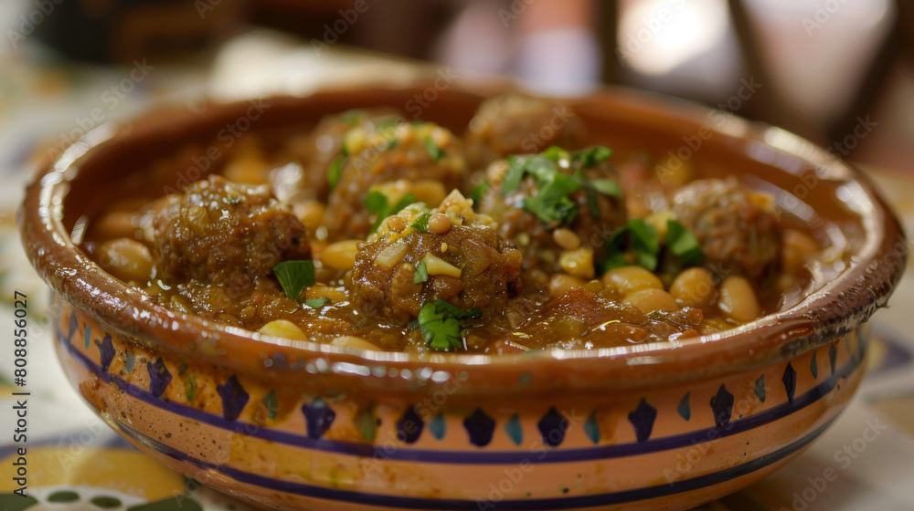 Wall mural Close-up of a delicious algerian tagine dish featuring seasoned meatballs, chickpeas, and fresh herbs in a decorative clay pot - Wall murals