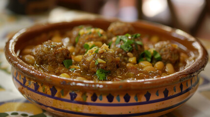 Close-up of a delicious algerian tagine dish featuring seasoned meatballs, chickpeas, and fresh herbs in a decorative clay pot