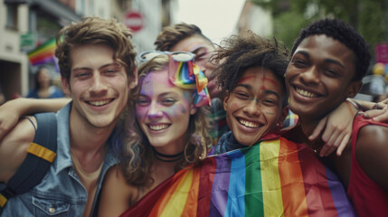 Group of young activist for lgbt rights with rainbow flag, diverse people of gay and lesbian community Stock Photo photography