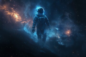 Design a Void of endless darkness with a lone figure in a glowing spacesuit