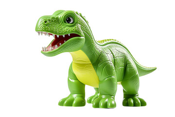 Fototapeta premium The green dinosaur toy with yellow belly and sharp teeth looks cute and friendly. It has big eyes and a long tail.