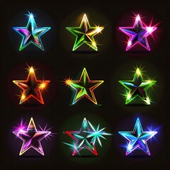 A collection of colorful stars with a black background.