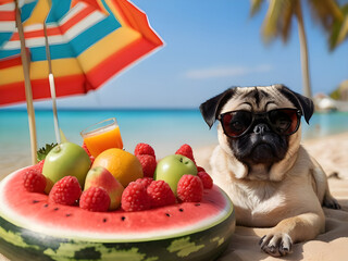 The pug dog with a glass of fresh fruit juice is floating on an inflatable watermelon ring under a umbrella in the sea at a resort.