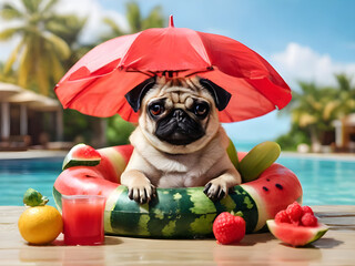 The pug dog with a glass of fresh fruit juice is floating on an inflatable watermelon ring under a umbrella.