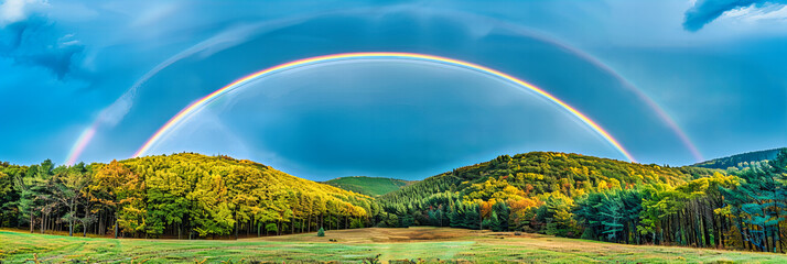 Vibrant Rainbow Over Green Meadow, Summer Storm Breaking with Sunlight Illuminating Scenic Landscape