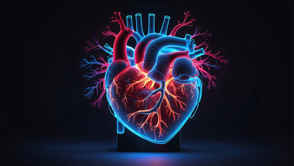 A close up of a neon glowing light heart anatomy model with explaining human circulatory system on a red and blue glowing background