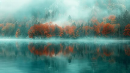 Mystical autumn morning at a serene lake surrounded by golden trees and reflective waters