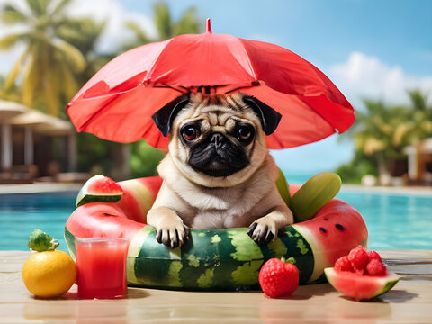 The pug dog with a glass of fresh fruit juice is floating on an inflatable watermelon ring under a umbrella. - Powered by Adobe