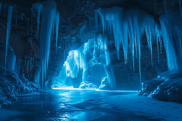 Ice cave with mesmerizing blue hues and icy stalactites, illuminate the natural formations