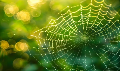 Dew on a spider web against a blurred green background, Generative AI