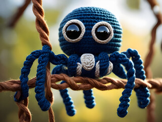 Handmade crochet spider stuffed animal. Cross-knitted  cute spider mascot chilling on its net.