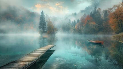 Mystical autumn lake scene with a wooden pier and rowboat amidst fog and vibrant foliage