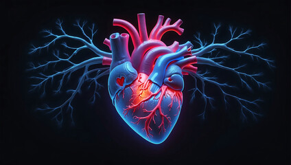 A close up of a neon glowing light heart anatomy model with explaining human circulatory system on a red and blue glowing background