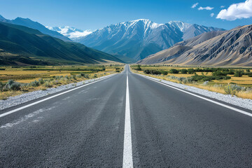 Naklejka premium Desert Highway with Distant Mountains - Clear Sky - Minimal Traffic 