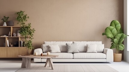 Domestic and cozy interior of living room with beige sofa, plants, shelf, coffee table, boucle rug, mock up poster frame, side table, plant and elegant decoration Beige wall.