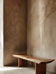 A wooden bench is sitting in front of a wall