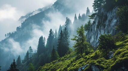 Foggy mountain landscape with coniferous forest in the foreground.