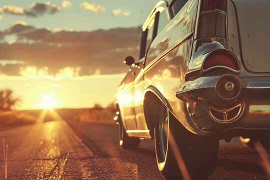 Fototapeta Sunset Journey Along Historic Route 66 with Vintage Cars