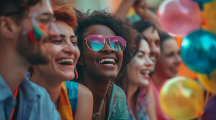 Happy diverse young friends celebrating gay pride festival - LGBTQ community concept Stock Photo photography