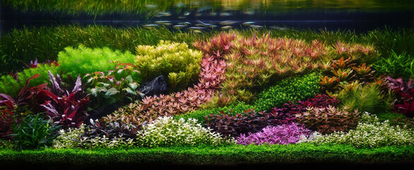 Colorful planted aquarium tank. Aquatic plants tank. Dutch inspired aquascaping with colorful...