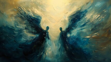 Cinematic Spiritual Essence: Abstract Oil Painting of Angels in Flight