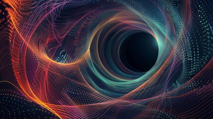 A black hole made of colorful lines on the background, with complex light and shadow effects. 