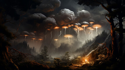 A dramatic thunderstorm scene with agaricus mushrooms in the foreground and lightning illuminating a dark forest.