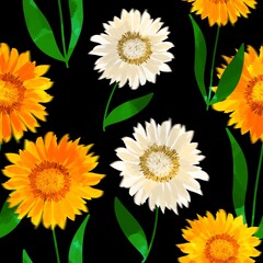 Abstract Digital Painting Hand Drawing Colorful Watercolor Sunflowers and Leaves Seamless Pattern Isolated Background