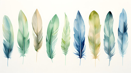 Watercolor feathers in the pastel color blue and green pattern abstract graphic poster background