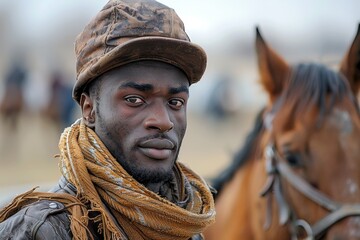 Close-up of a man with a cap and scarf standing in front of horses at a stable - Powered by Adobe