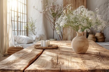 Bright, cozy interior showcasing a wooden table with a vase of white flowers, bathed in sunlight, exuding tranquility and freshness