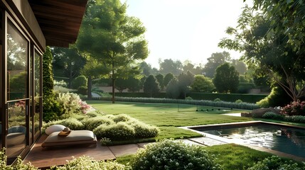 American Villa Backyard Nestled Alongside Expansive Meadow for Relaxing Retreat