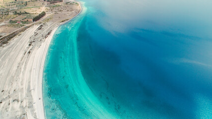 Salda Lake has a fascinating view with its peaceful beauty and clear turquoise waters. Aerial view...