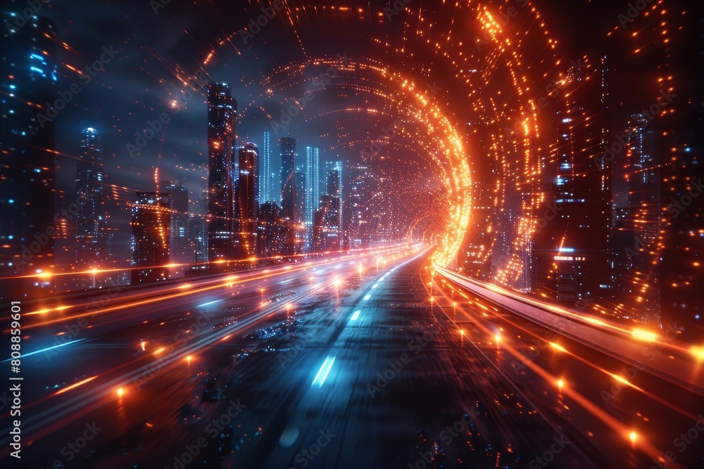 Poster a dynamic cityscape bathed in mesmerizing light trails that showcase movement and the high-speed ene