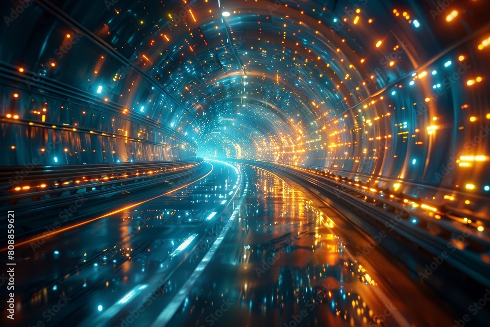 Poster a mesmerizing illuminated tunnel lined with neon concentric circles creating a sense of infinite mot