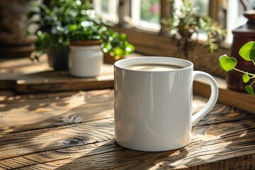 A sleek white coffee mug sitting on sunlit wood table with soft greenery in a serene setting