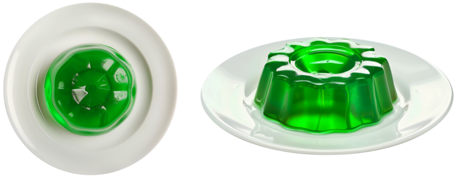 Green jelly on a plate bundle, side and top view, isolated on a white background