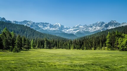 In a picturesque landscape, a green meadow stretches out with pine trees in the foreground, leading the eye towards majestic mountain peaks in the distance. 