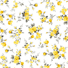 Hand drawn leaf and yellow flower texture.Seamless floral patter