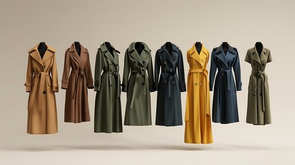 Lineup of classic trench coats and sophisticated midi dresses, embodying timeless style