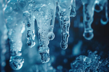 Extreme close-up of an icicle, reveal the intricate details and textures