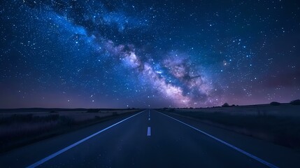 Road into Distance: Eight Lanes, Split Image with Starry Night Sky.
