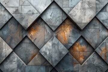 Abstract geometric background of metallic triangles with varied oxidation, creating a mosaic of rust and metal
