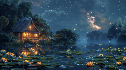 A frog opera house nestled among lily pads, where amphibian tenors serenade under moonlit skies. 