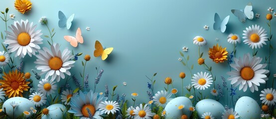 Easter eggs and butterfly grass flower paper art elements Isolated on pastel background