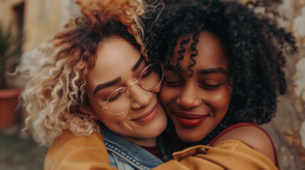 Obraz premium Happy multiracial girlfriends in love embracing and cuddling - Lesbian couple, millennials women, girls in London living happy lifestyle - LGBTQ concept with mixed race beautiful couple Stock Photo ph