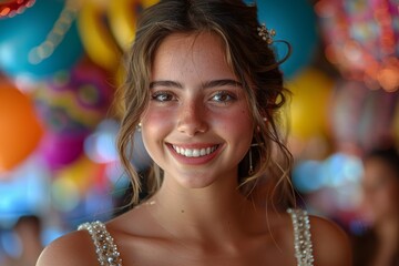 Young girl showing a joyful expression at a party with colorful background