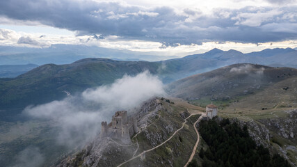 Rocca Calascio at sunset with cold light and threatening clouds
